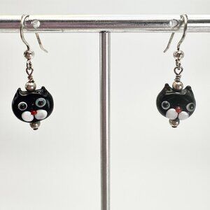 Silver Tone Black & White Enamel Kitty Cat Dangle Earrings Size 1.25" Length